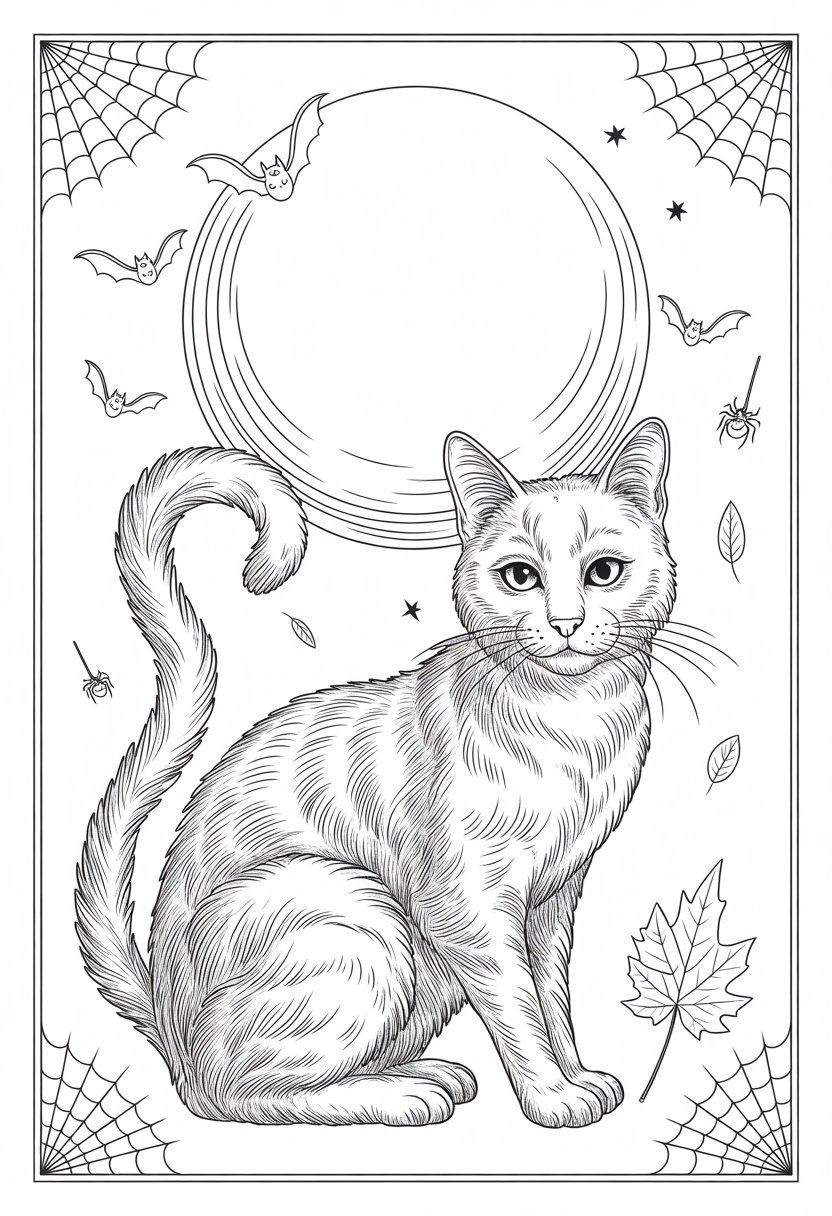 Halloween Coloring Pages Printable Featuring Classic Icons and Spooky Fun for All Ages 17 A black cat sitting in front of a large full moon with bats flying around and spider webs nearby.